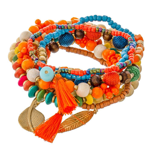Multicolor Wooden Beaded Boho Charm Stretch Bracelet Set