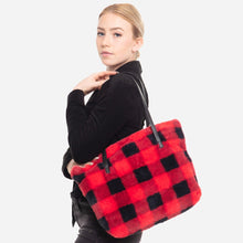 Load image into Gallery viewer, Faux Fur Buffalo Check Tote Bag
