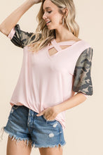 Load image into Gallery viewer, VNeck with Camouflage Puff Sleeves