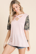 Load image into Gallery viewer, VNeck with Camouflage Puff Sleeves