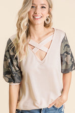 Load image into Gallery viewer, VNeck with Camouflage Puff Sleeves