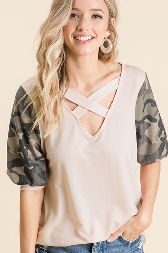 VNeck with Camouflage Puff Sleeves