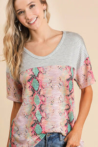 Snakeskin Low Gauge Knit with Contrast Stripe Yoke