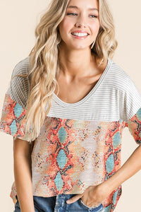 Snakeskin Low Gauge Knit with Contrast Stripe Yoke