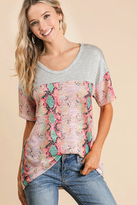 Snakeskin Low Gauge Knit with Contrast Stripe Yoke