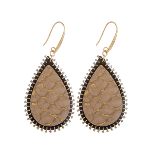 Leather earring with drop design and snakeskin print