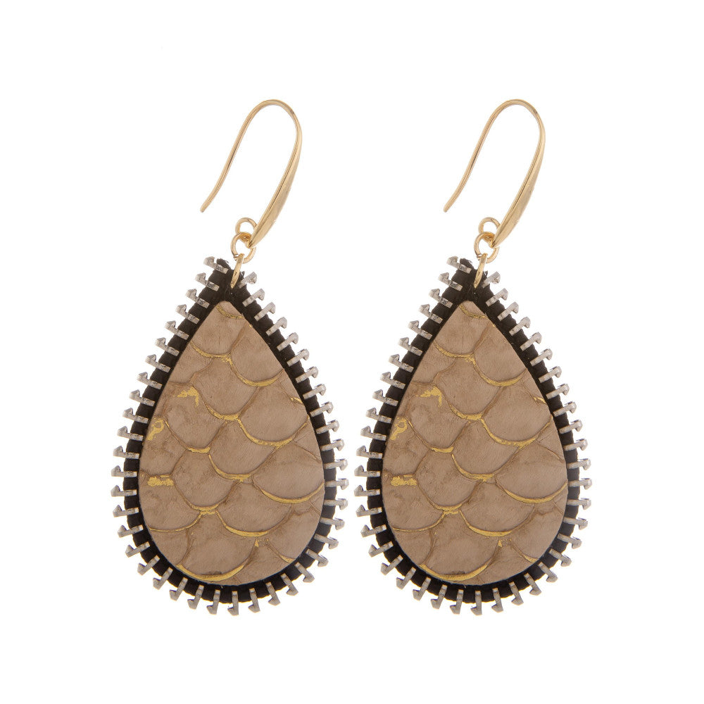Leather earring with drop design and snakeskin print