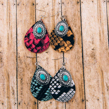 Load image into Gallery viewer, Snakeskin teardrop earrings featuring turquoise details