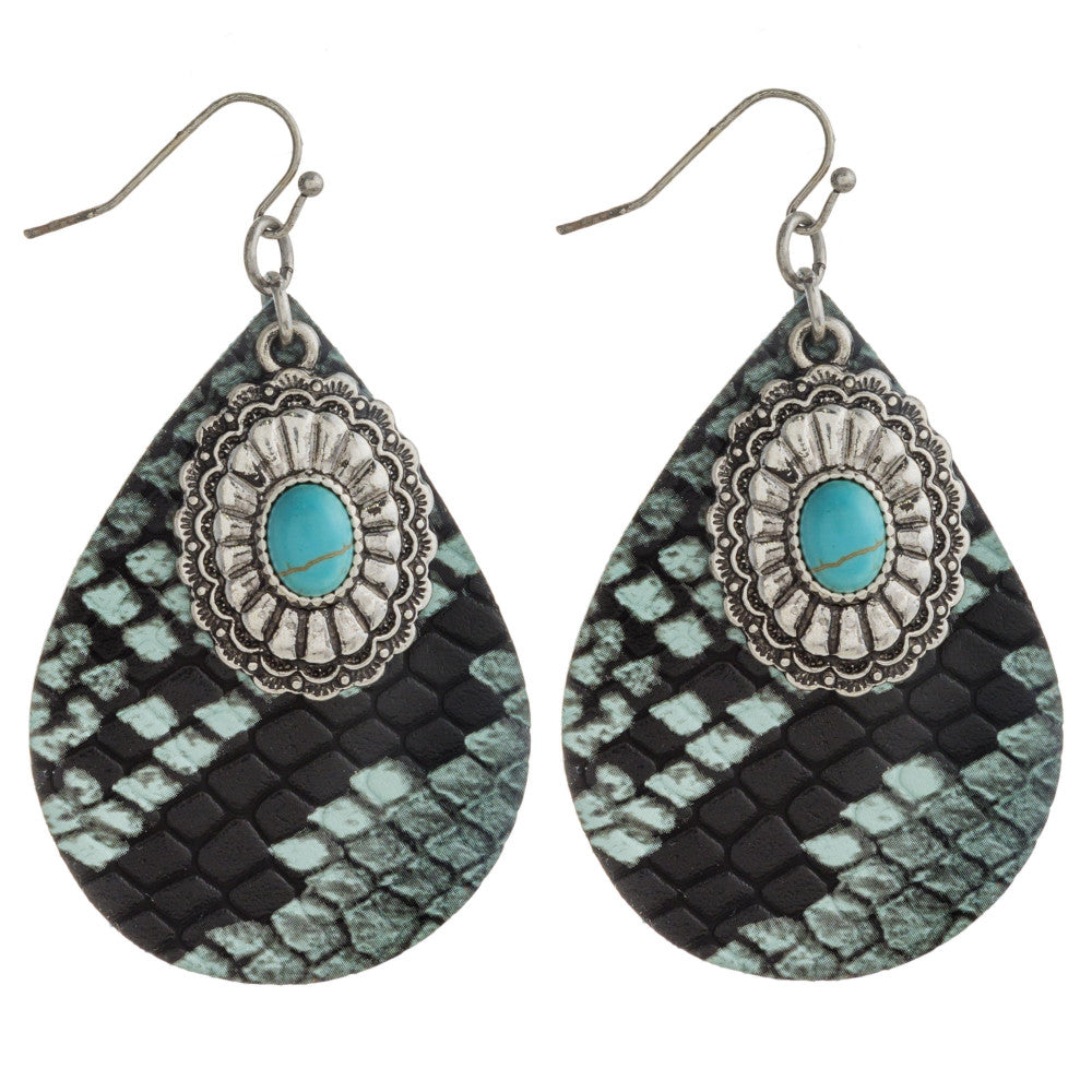 Snakeskin teardrop earrings featuring turquoise details