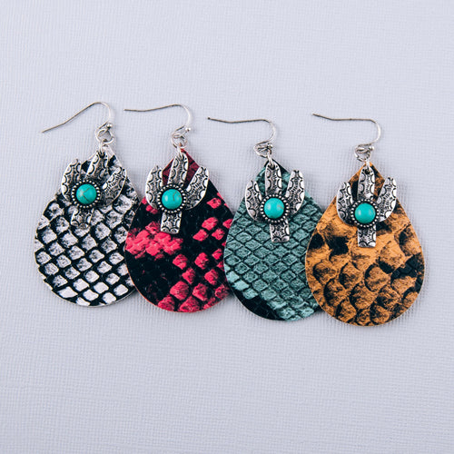 Snakeskin teardrop earrings featuring cactus and turquoise details