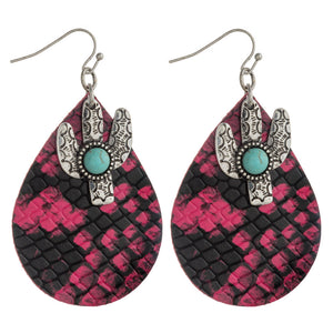 Snakeskin teardrop earrings featuring cactus and turquoise details