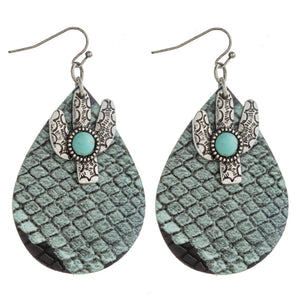 Snakeskin teardrop earrings featuring cactus and turquoise details