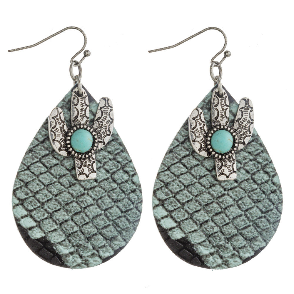 Snakeskin teardrop earrings featuring cactus and turquoise details
