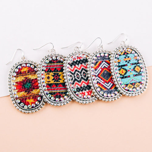 Western print center detail with rhinestone earrings