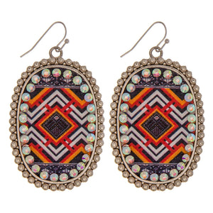 Western print center detail with rhinestone earrings
