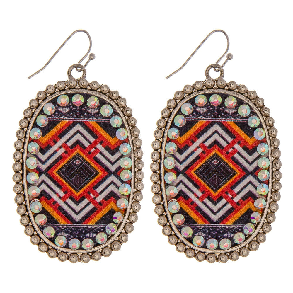 Western print center detail with rhinestone earrings
