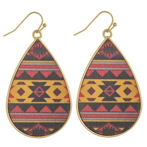 Metal Teardrop With Wood Inspired Tribal Earrings