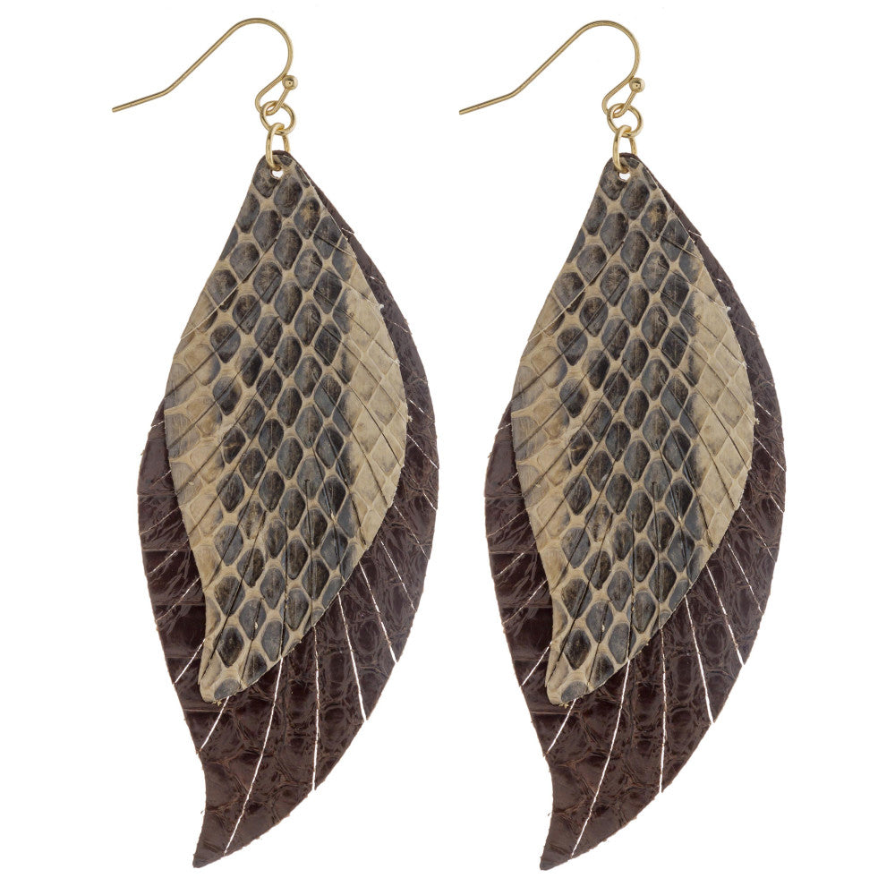 Two tone double layered faux leather snakeskin feather earrings
