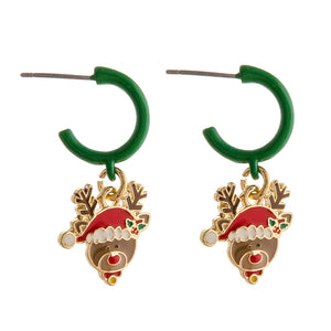 Enamel coated Christmas huggie open hoop earrings.