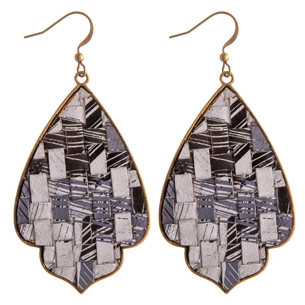Metal Plated Faux Leather Woven Dangle Earrings