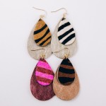 Faux fur animal print metallic teardrop earrings
