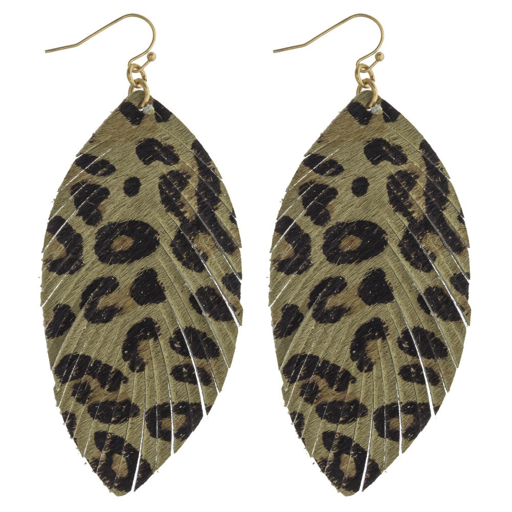 Olive Leopard Print Feather Earring