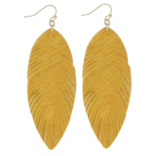 Mustard Faux leather cowhide narrow feather earrings