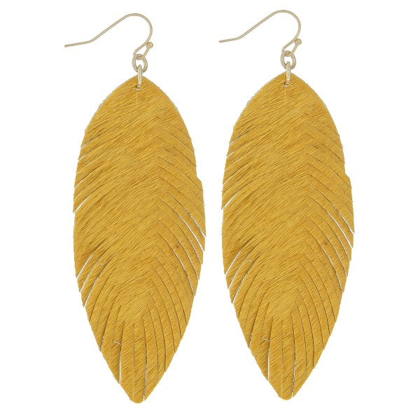 Mustard Faux leather cowhide narrow feather earrings