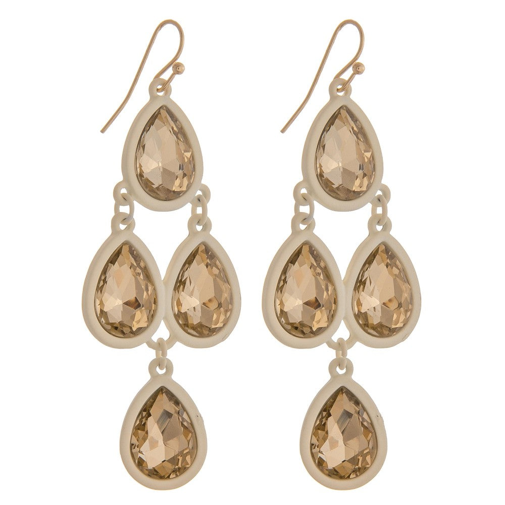 Two tone rhinestone encased teardrop chandelier earrings