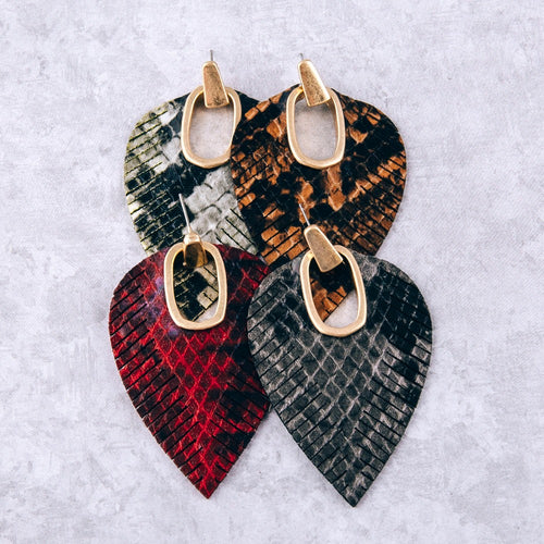 Faux leather snakeskin hinge cut out earrings