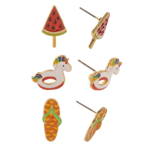 Enamel coated summer time stud earring set