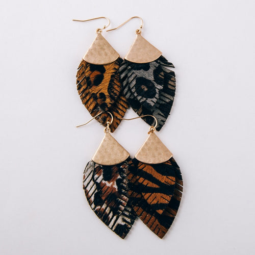 Doubled faux leather feather earrings