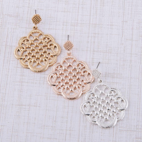 Metal filigree chandelier drop earrings.