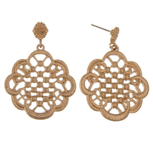 Metal filigree chandelier drop earrings.