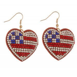 Rhinestone plush USA heart drop earrings.