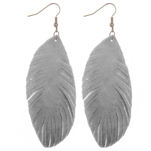 Grey Narrow faux suede feather cut out drop earrings