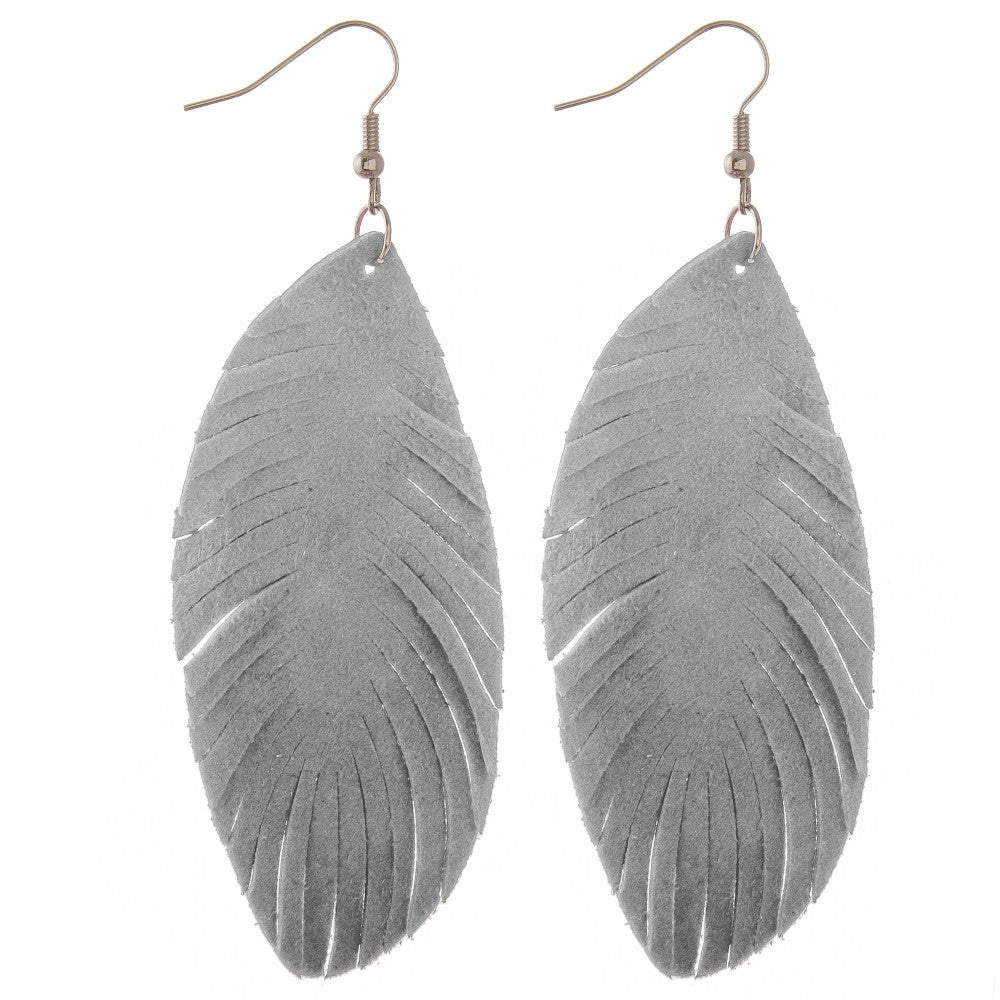 Grey Narrow faux suede feather cut out drop earrings