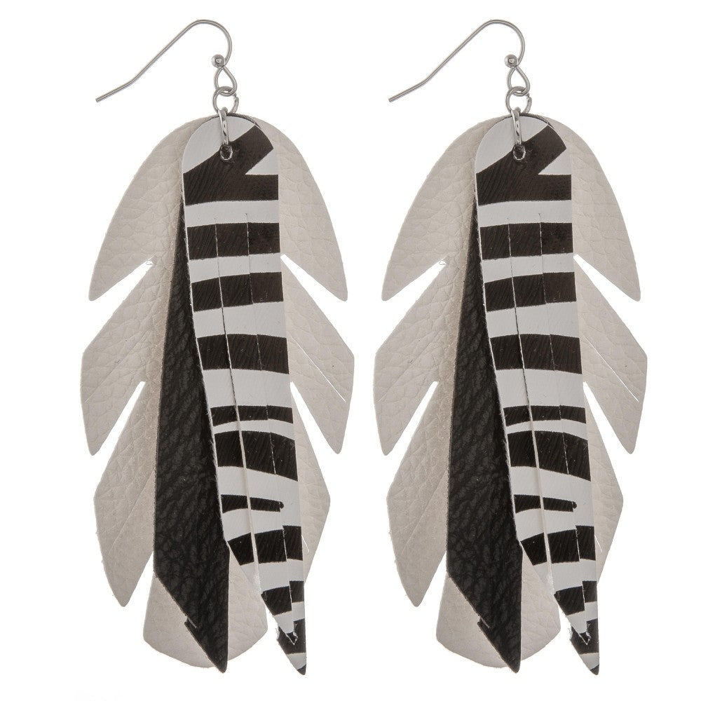 Faux leather zebra print feather tassel statement earrings