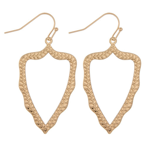 Gold Metal leaf textured drop earrings.