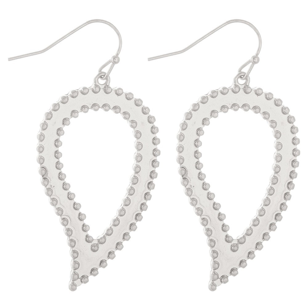 Silver metal cut out teardrop earrings.