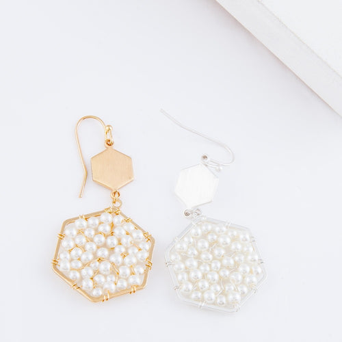 Ivory Pearl Beaded Hexagon Drop Earrings