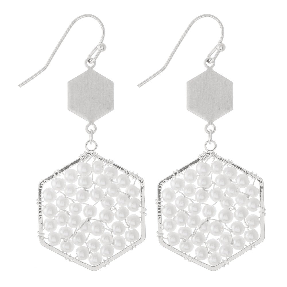 Ivory Pearl Beaded Hexagon Drop Earrings