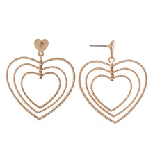Load image into Gallery viewer, Textured Metal Layered Heart Drop Earrings