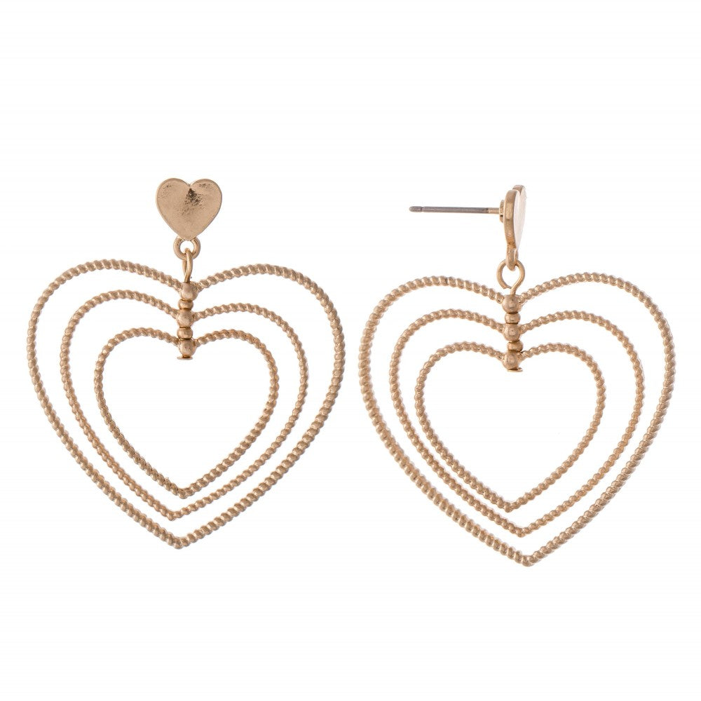 Textured Metal Layered Heart Drop Earrings