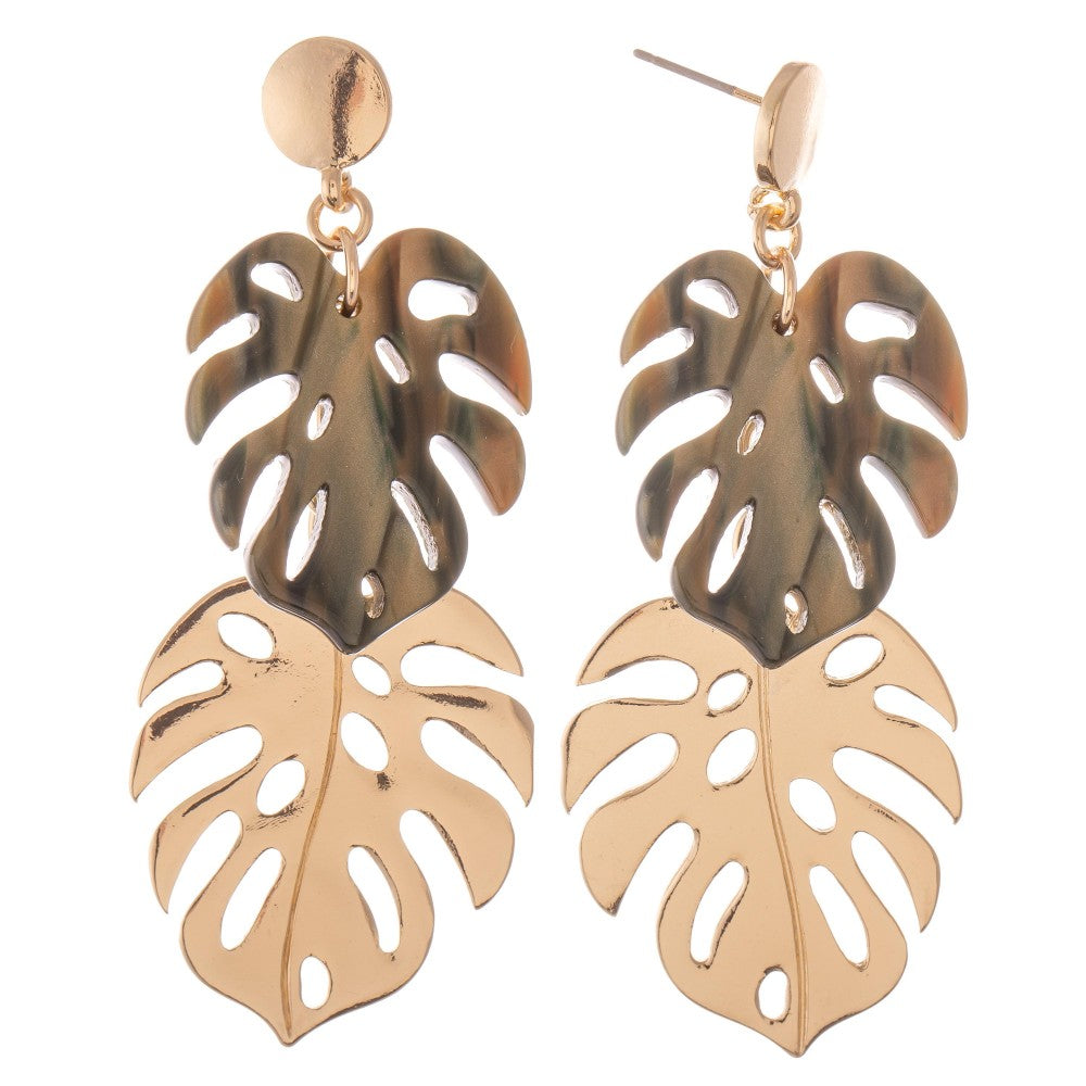 Gold Resin Palm Leaf Statement Drop Earrings