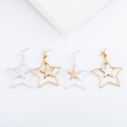 Two Tone Nested Star Drop Earrings