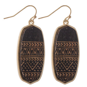 Wooden Tribal Print Oblong Drop Earrings