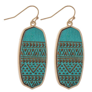 Wooden Tribal Print Oblong Drop Earrings