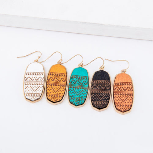 Wooden Tribal Print Oblong Drop Earrings