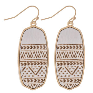 Wooden Tribal Print Oblong Drop Earrings